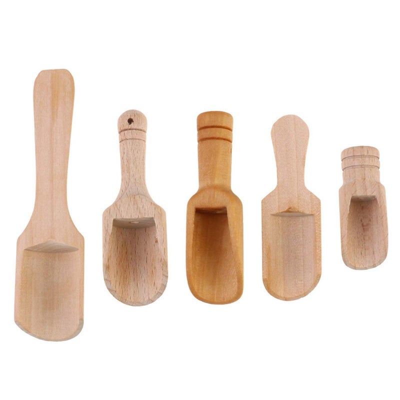 دويتول 5 قطع ملعقة خشبية صغيرة، ملعقة ملح استحمام صغيرة، ملعقة شاي صغيرة، ملعقة حلوى خشبية، ملاعق توابل صغيرة للدقيق، ملح الاستحمام، السكر، الحبوب، القهوة والمزيد (5 أحجام) - Image 1